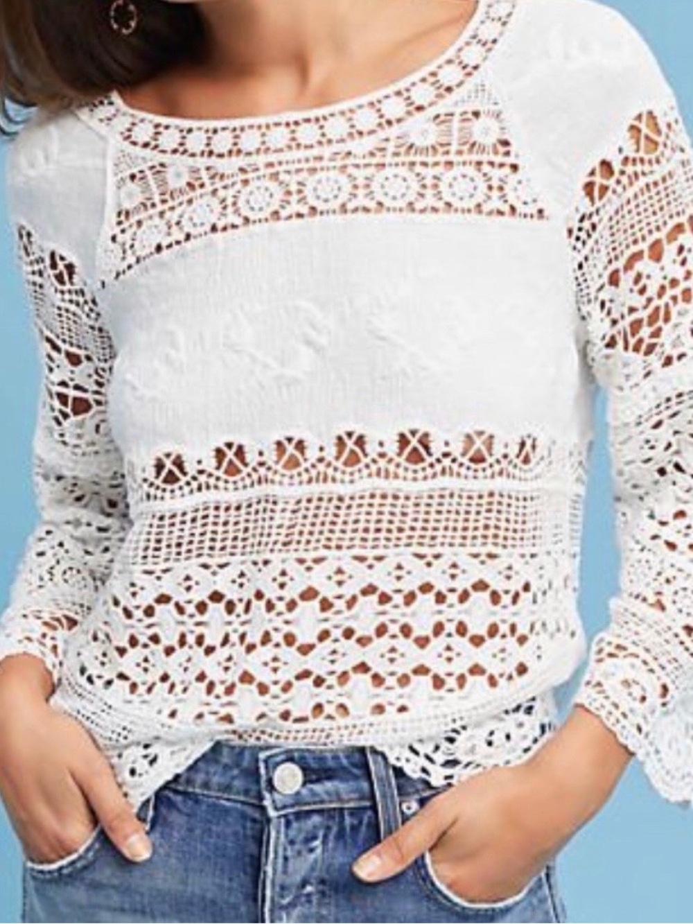 Anthropologie Deletta Ivory crochet -SZ XS* - Bell Sleeves Top
